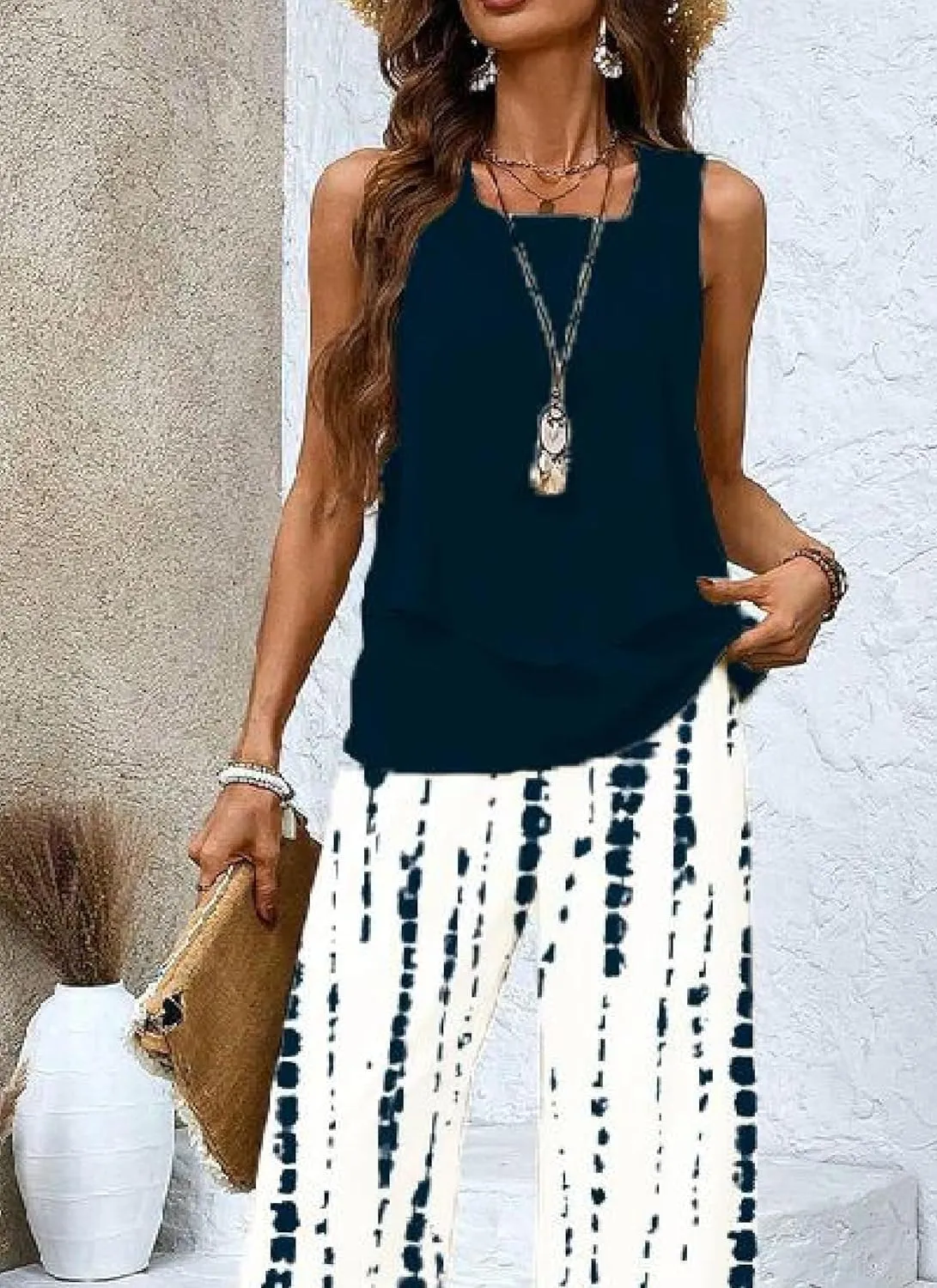 2 Piece Sets for Women Polka Dots Square Neck Tops Wide Leg Crop Pants Vacation Summer Travel Outfits