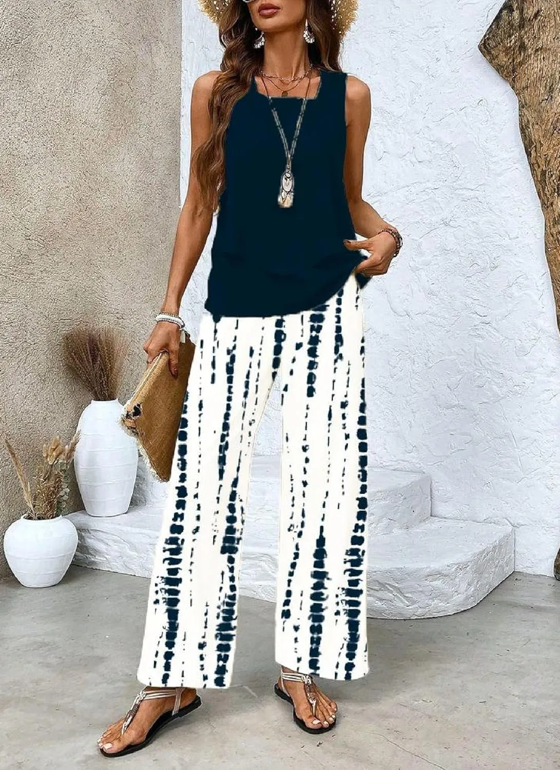2 Piece Sets for Women Polka Dots Square Neck Tops Wide Leg Crop Pants Vacation Summer Travel Outfits
