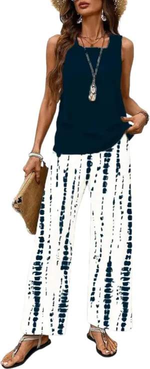2 Piece Sets for Women Polka Dots Square Neck Tops Wide Leg Crop Pants Vacation Summer Travel Outfits