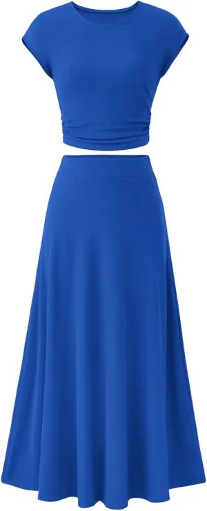 2 Piece Skirt Set Women Crew Neck Short Sleeve Cropped Top Elastic Waist Swing Skirts High Waist Maxi Skirt Set