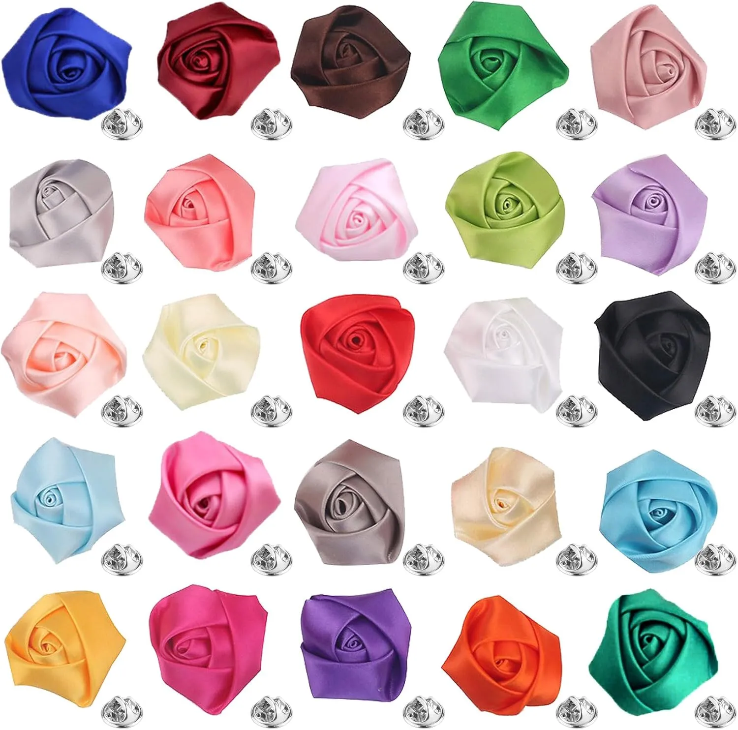 25Pcs Multicolor Rose Flower Lapel Pins for Men Handmade Satin Flower Lapel Pin for Men Suits Fashion Jewelry Boutonniere Brooch Pin Wedding Party Groom Accessories