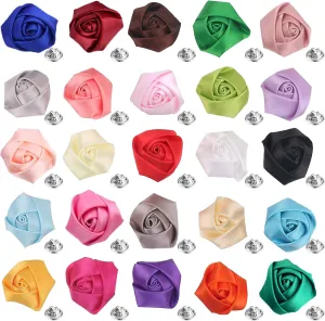 25Pcs Multicolor Rose Flower Lapel Pins for Men Handmade Satin Flower Lapel Pin for Men Suits Fashion Jewelry Boutonniere Brooch Pin Wedding Party Groom Accessories