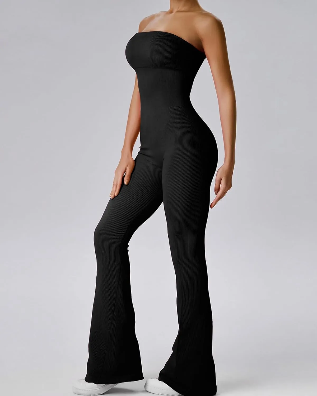 3 Pcsjumpsuit Strapless Yoga Jumpsuit Women's Strapless Sleeveless Flare Leg Tropical Strapless Jumpsuit(White Black Phosphor,Small)
