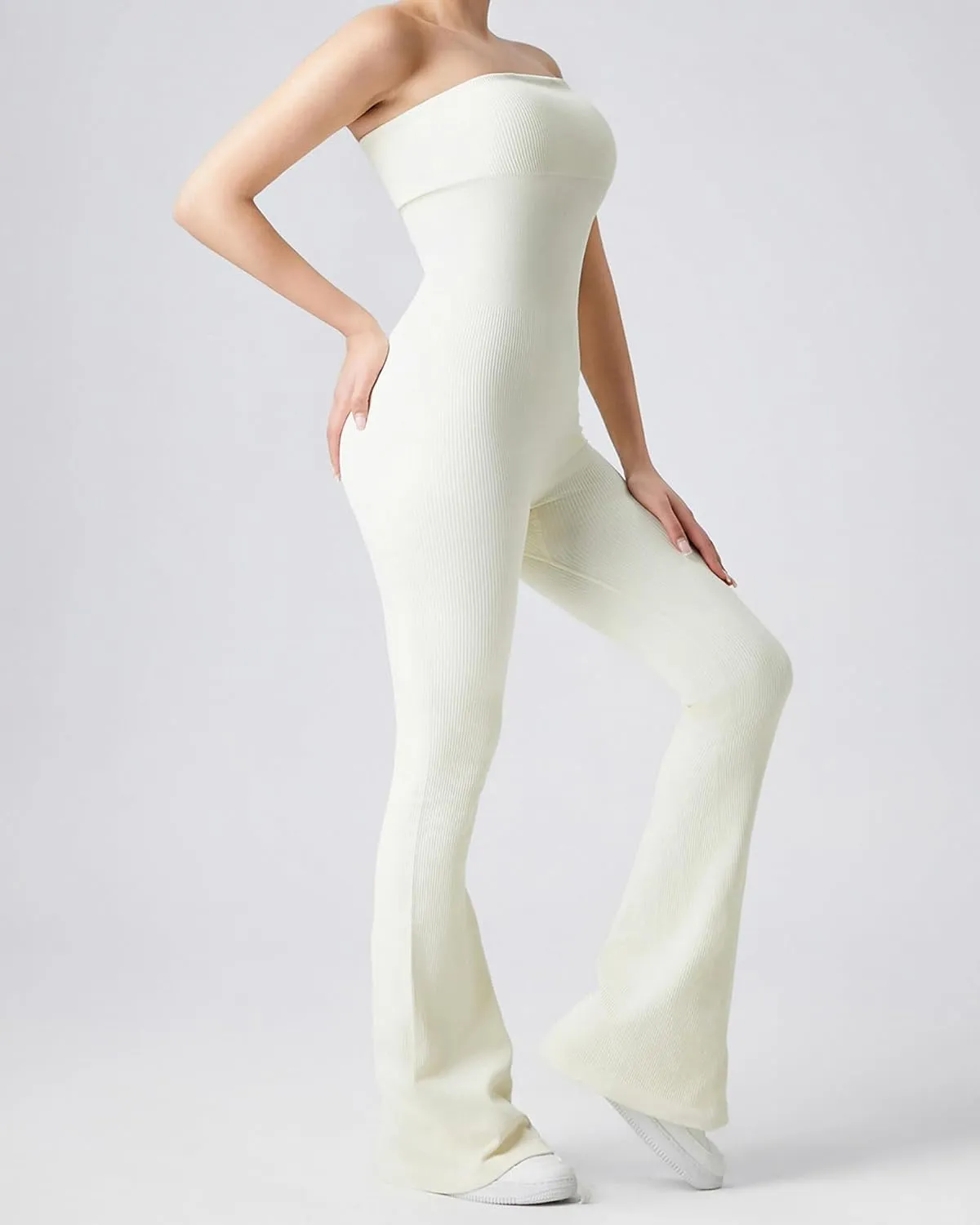 3 Pcsjumpsuit Strapless Yoga Jumpsuit Women's Strapless Sleeveless Flare Leg Tropical Strapless Jumpsuit(White Black Phosphor,Small)
