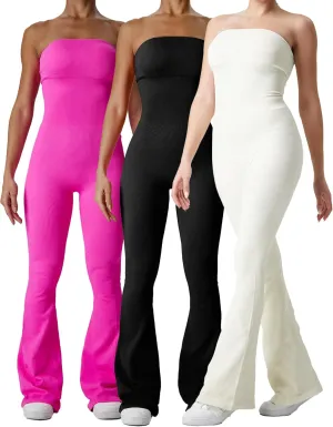 3 Pcsjumpsuit Strapless Yoga Jumpsuit Women's Strapless Sleeveless Flare Leg Tropical Strapless Jumpsuit(White Black Phosphor,Small)