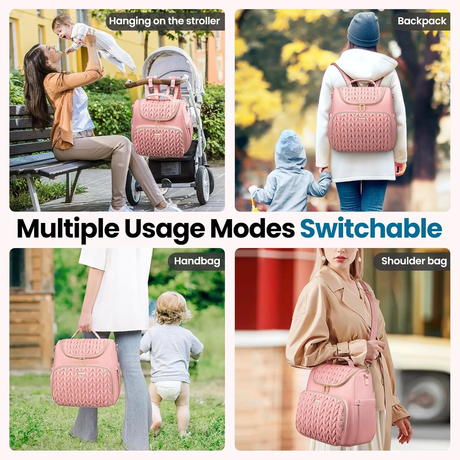 4 in 1 Convertible Diaper Bag Backpack,Waterproof Baby Diaper Bag with Changing Pad,Converts into Baby Tote Bag,Diaper Backpack,Stroller Bag and Crossbody Diaper Bag