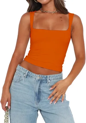 Abardsion Womens Sexy Crop Top Summer 2024 Square Neck Sleeveless Double Layer Going Out Tank Tops