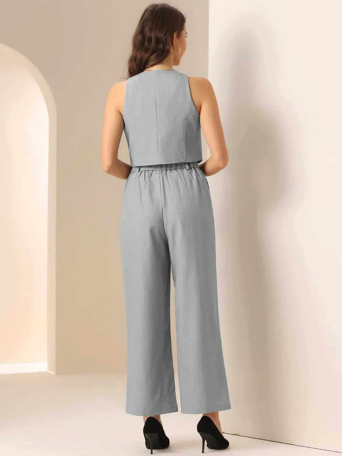 Allegra K Vest Pants Suits for Women's Dressy Two Piece Business Outfits Sleeveless Blazer Wide Leg Pants Sets