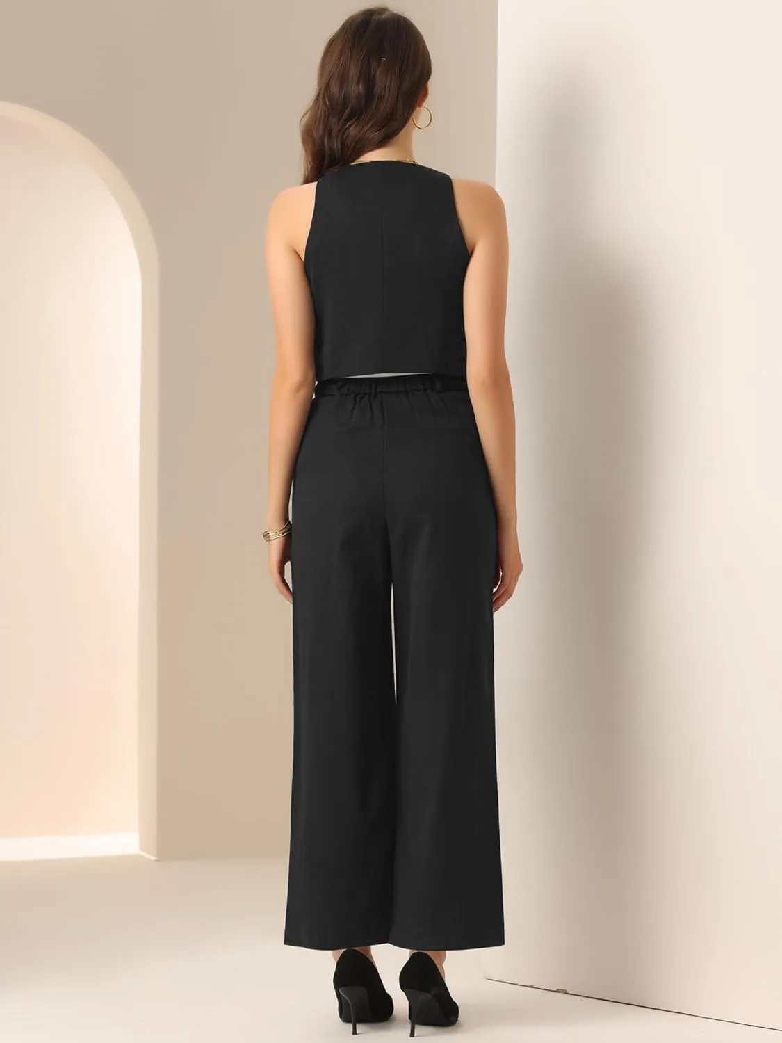 Allegra K Vest Pants Suits for Women's Dressy Two Piece Business Outfits Sleeveless Blazer Wide Leg Pants Sets