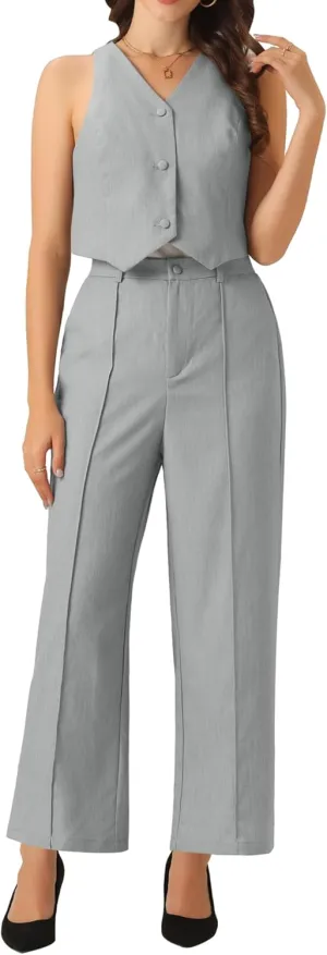 Allegra K Vest Pants Suits for Women's Dressy Two Piece Business Outfits Sleeveless Blazer Wide Leg Pants Sets