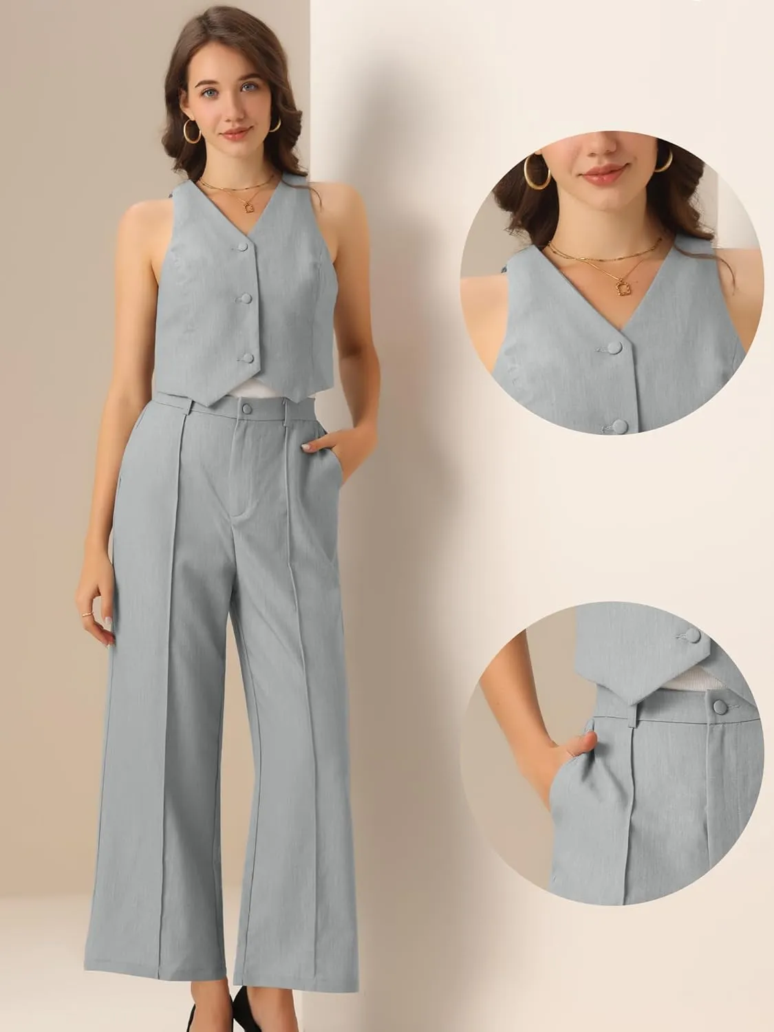 Allegra K Vest Pants Suits for Women's Dressy Two Piece Business Outfits Sleeveless Blazer Wide Leg Pants Sets