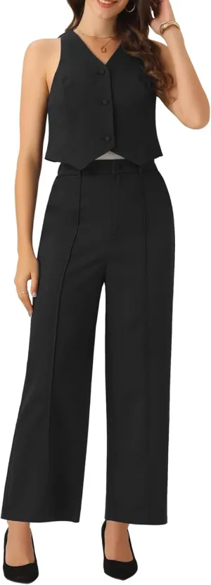Allegra K Vest Pants Suits for Women's Dressy Two Piece Business Outfits Sleeveless Blazer Wide Leg Pants Sets