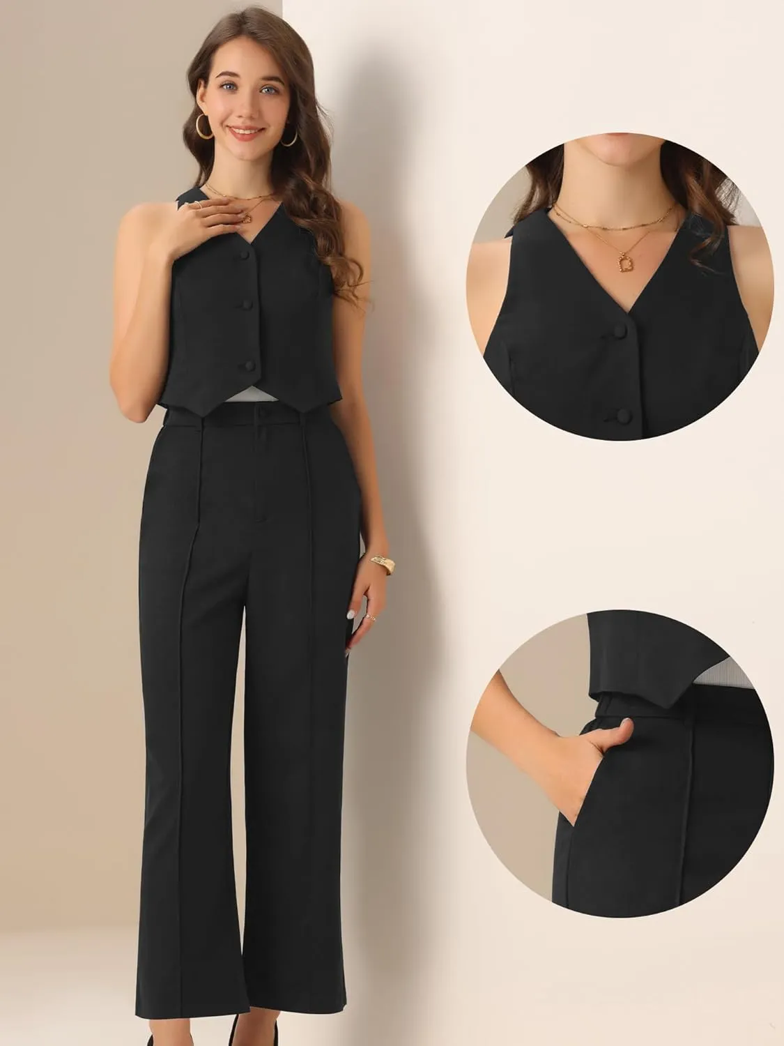 Allegra K Vest Pants Suits for Women's Dressy Two Piece Business Outfits Sleeveless Blazer Wide Leg Pants Sets