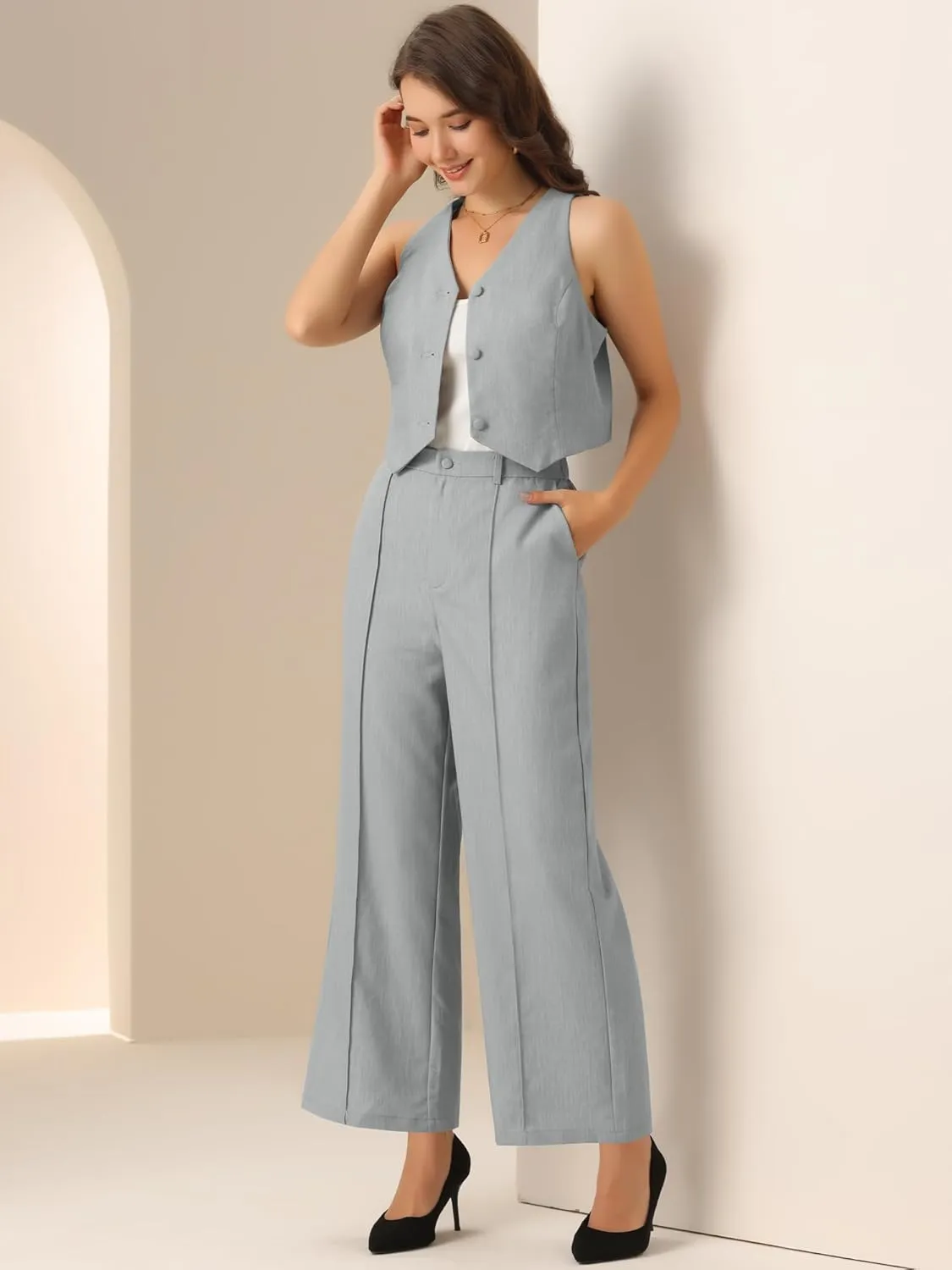 Allegra K Vest Pants Suits for Women's Dressy Two Piece Business Outfits Sleeveless Blazer Wide Leg Pants Sets