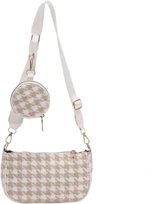 ANKOMINA Women Fashion Houndstooth Printed Crossbody Shoulder Bag Lady Small Clutch Handbag with Mini Wallet Coin Purse