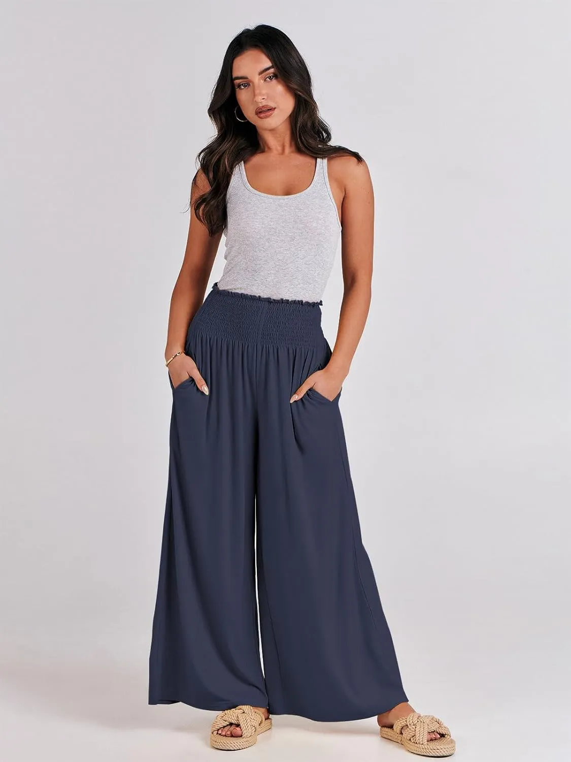 ANRABESS Women Palazzo Pants Summer Boho Bagyy Wide Leg High Smocked Waist Casual Loose Lounge Pant with Pocket