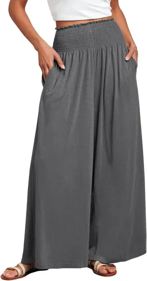 ANRABESS Women Palazzo Pants Summer Boho Bagyy Wide Leg High Smocked Waist Casual Loose Lounge Pant with Pocket