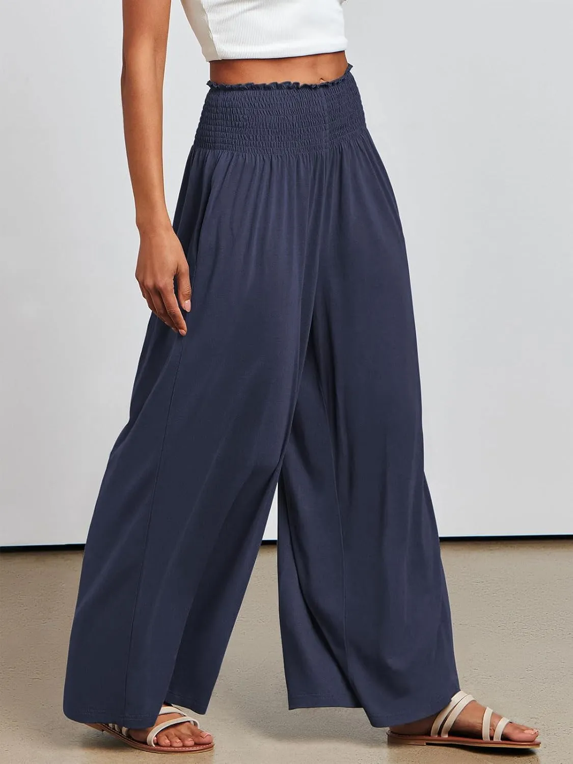 ANRABESS Women Palazzo Pants Summer Boho Bagyy Wide Leg High Smocked Waist Casual Loose Lounge Pant with Pocket