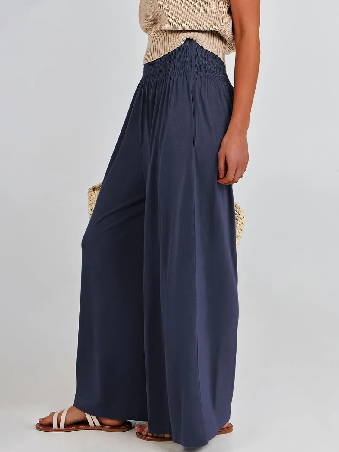 ANRABESS Women Palazzo Pants Summer Boho Bagyy Wide Leg High Smocked Waist Casual Loose Lounge Pant with Pocket