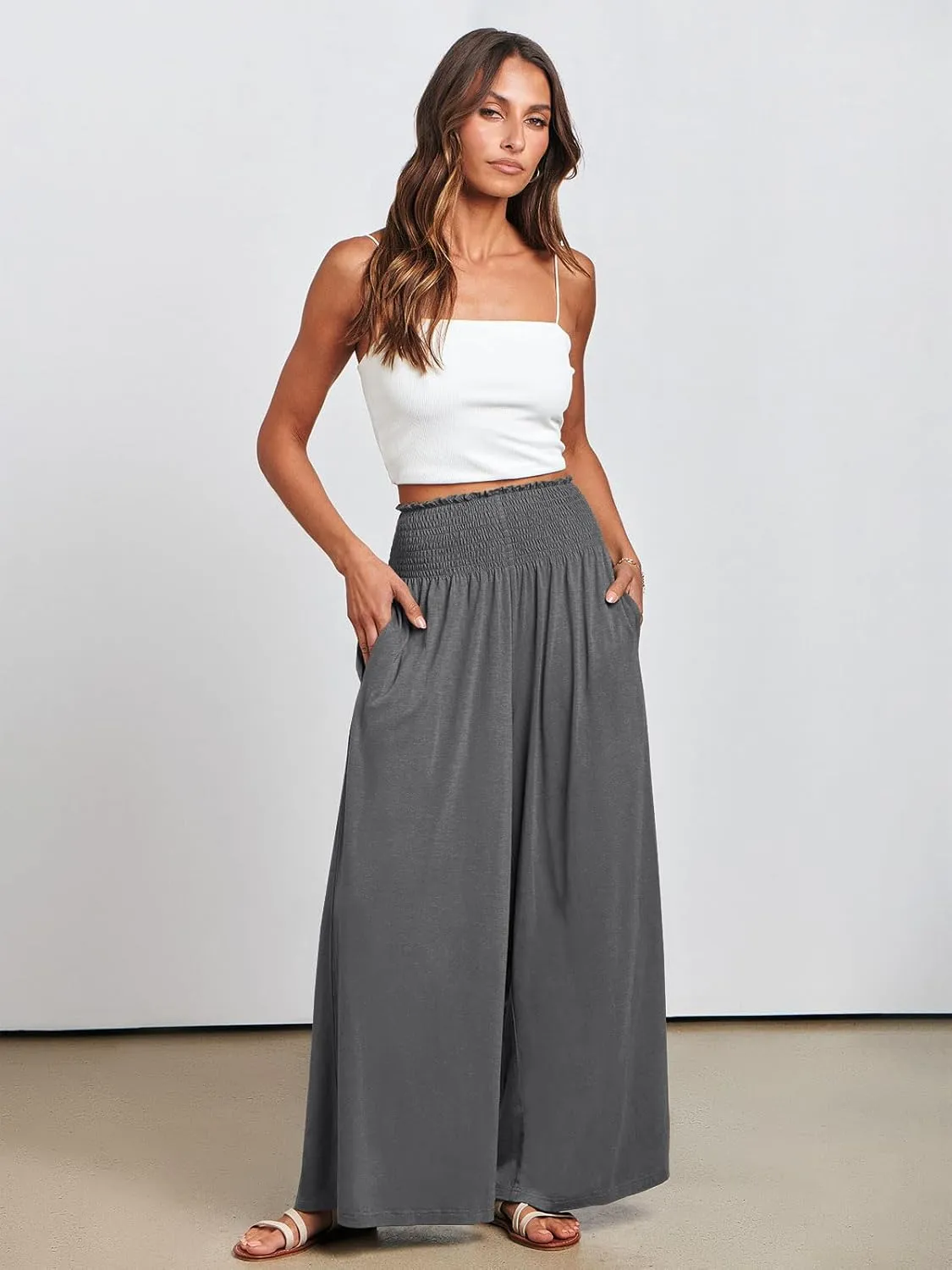 ANRABESS Women Palazzo Pants Summer Boho Bagyy Wide Leg High Smocked Waist Casual Loose Lounge Pant with Pocket