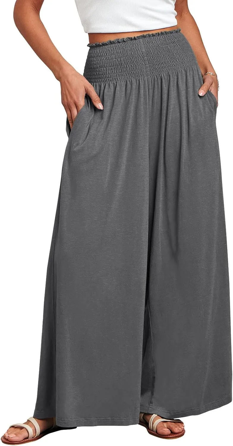 ANRABESS Women Palazzo Pants Summer Boho Bagyy Wide Leg High Smocked Waist Casual Loose Lounge Pant with Pocket