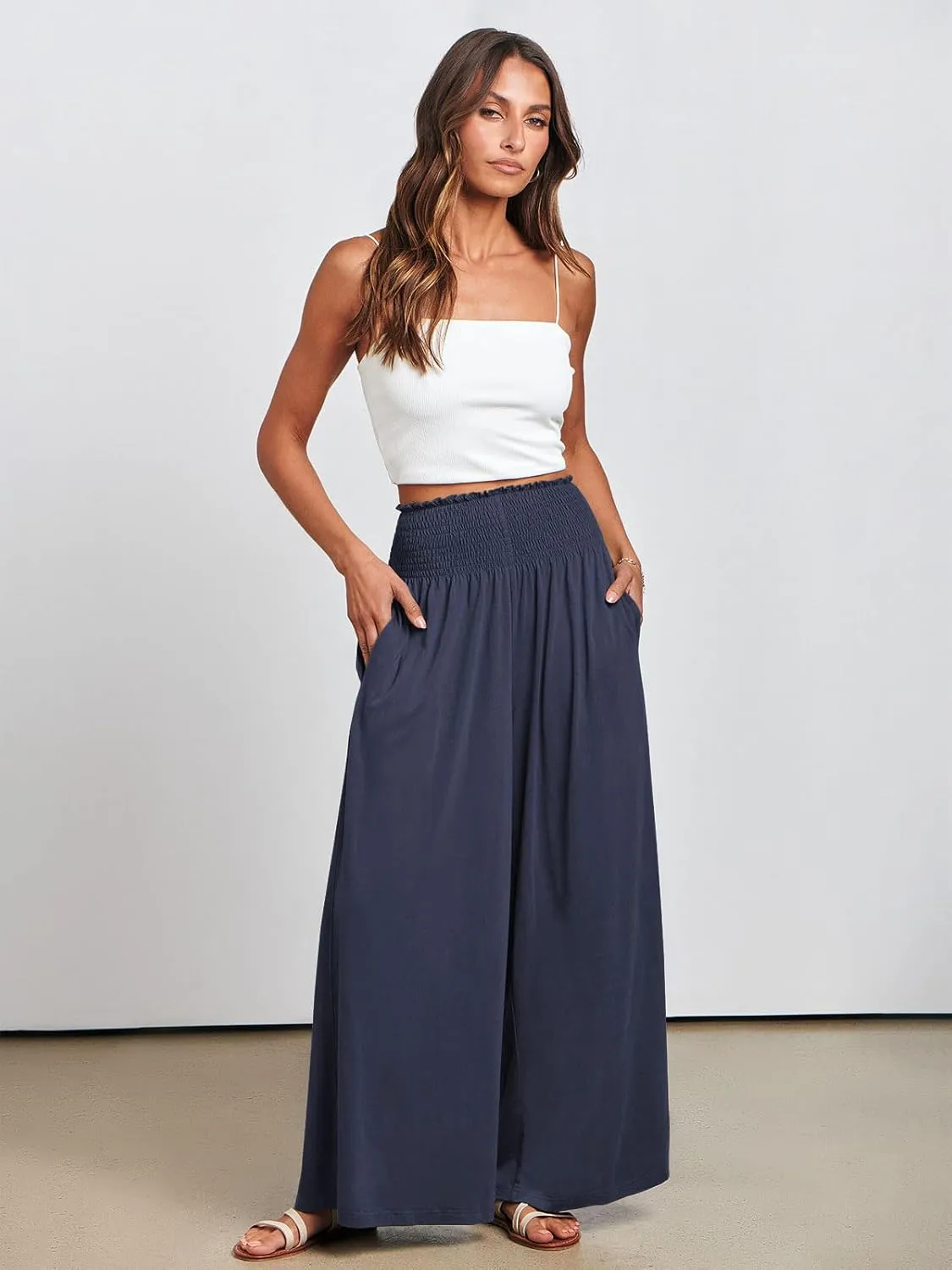 ANRABESS Women Palazzo Pants Summer Boho Bagyy Wide Leg High Smocked Waist Casual Loose Lounge Pant with Pocket
