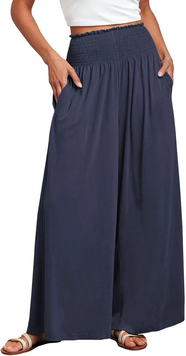ANRABESS Women Palazzo Pants Summer Boho Bagyy Wide Leg High Smocked Waist Casual Loose Lounge Pant with Pocket