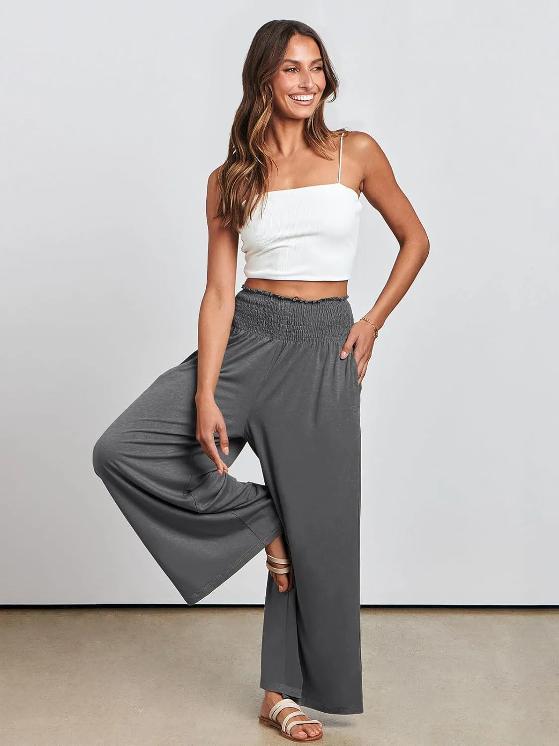 ANRABESS Women Palazzo Pants Summer Boho Bagyy Wide Leg High Smocked Waist Casual Loose Lounge Pant with Pocket
