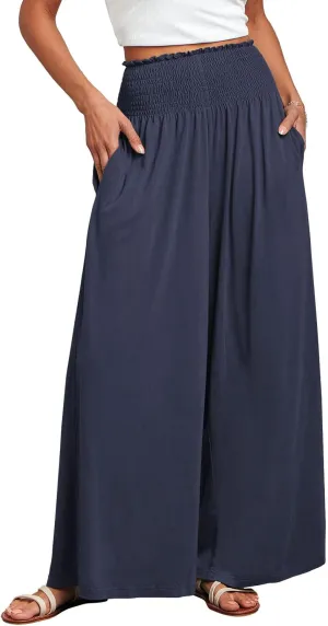 ANRABESS Women Palazzo Pants Summer Boho Bagyy Wide Leg High Smocked Waist Casual Loose Lounge Pant with Pocket