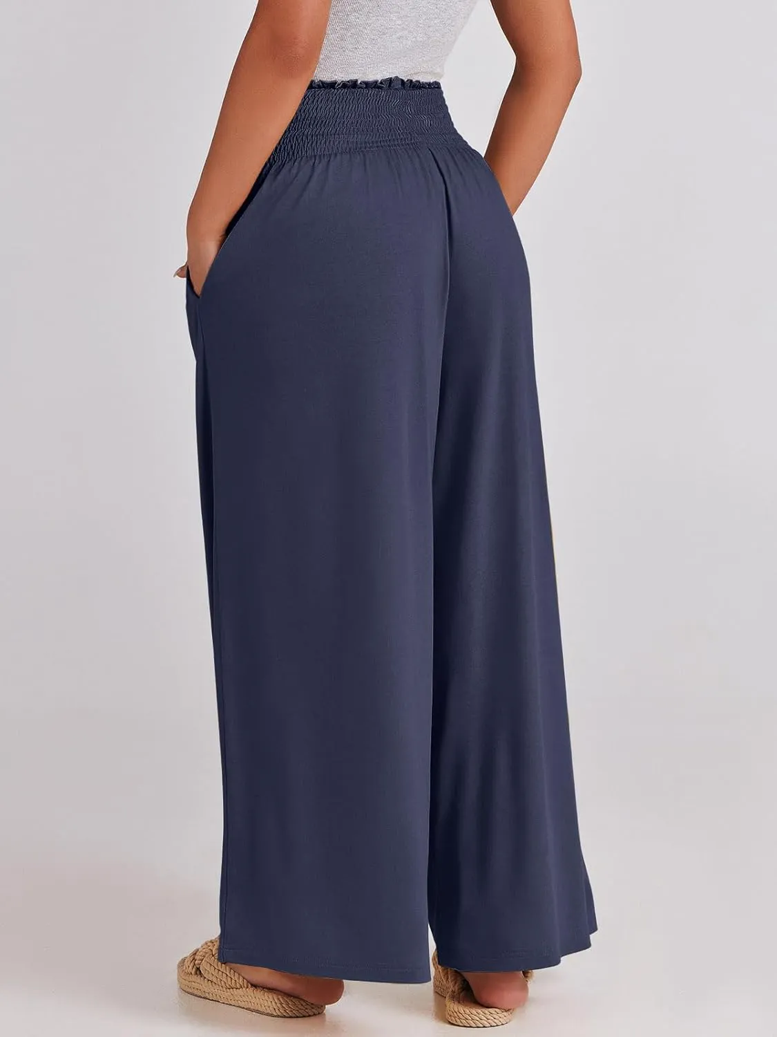 ANRABESS Women Palazzo Pants Summer Boho Bagyy Wide Leg High Smocked Waist Casual Loose Lounge Pant with Pocket