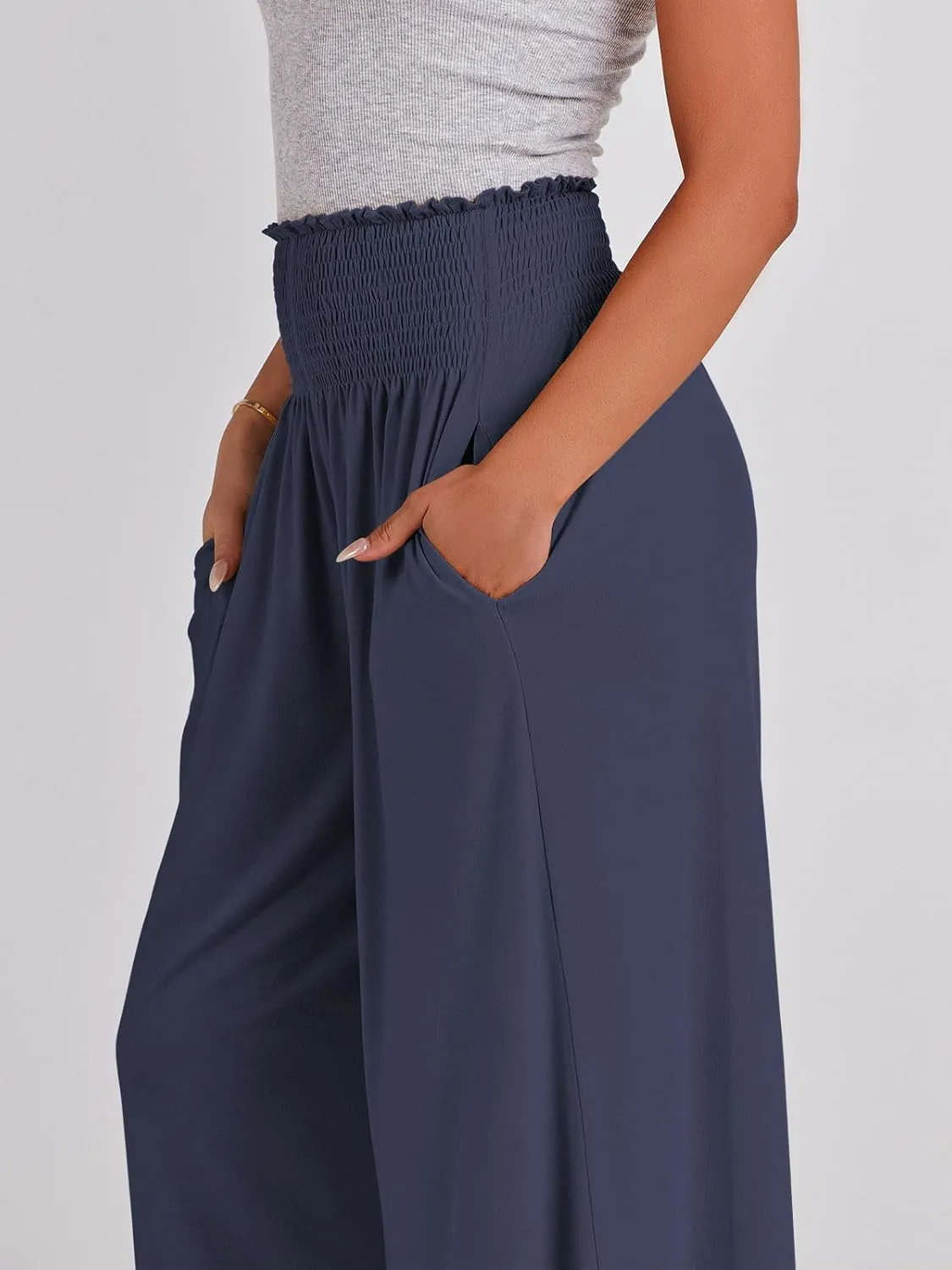 ANRABESS Women Palazzo Pants Summer Boho Bagyy Wide Leg High Smocked Waist Casual Loose Lounge Pant with Pocket