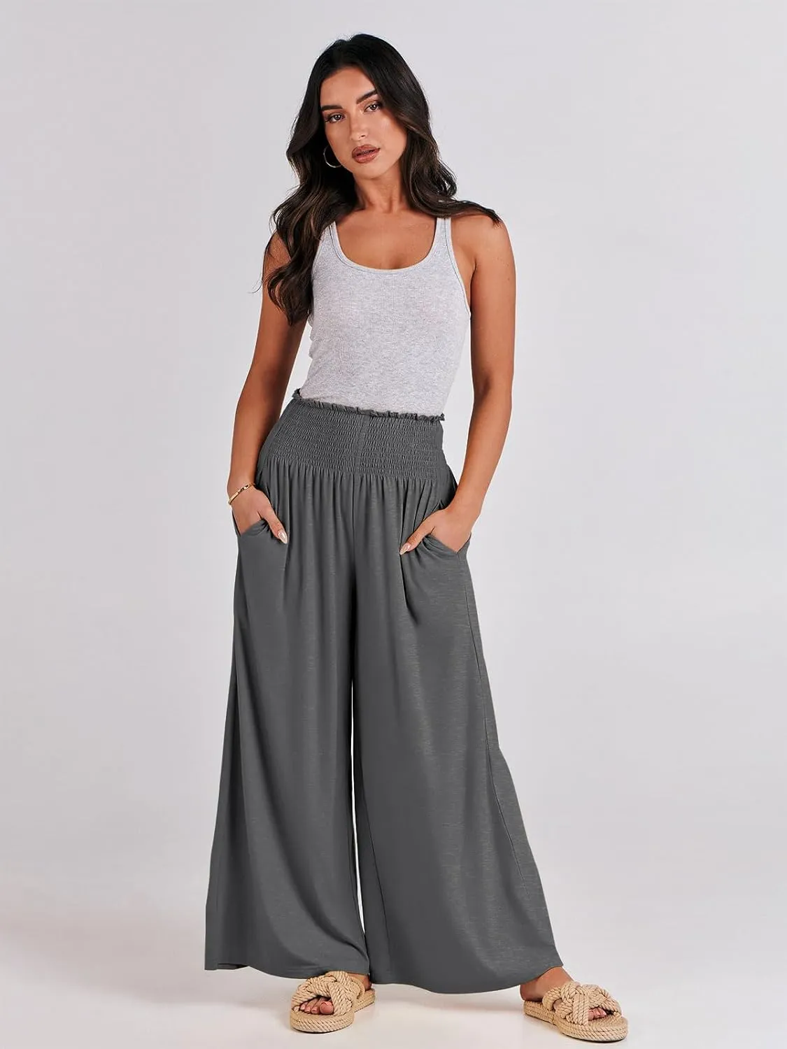 ANRABESS Women Palazzo Pants Summer Boho Bagyy Wide Leg High Smocked Waist Casual Loose Lounge Pant with Pocket