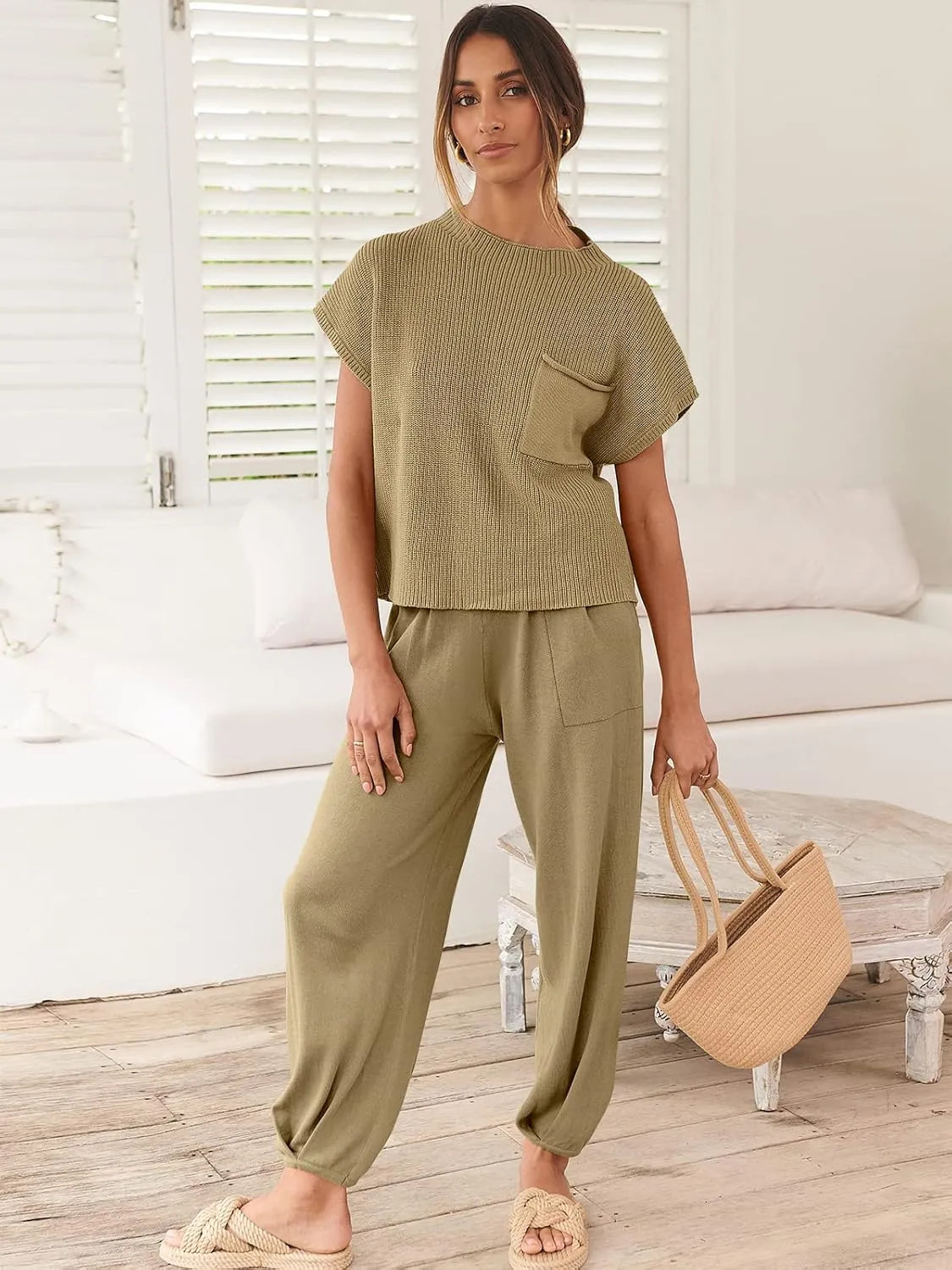 ANRABESS Women's Two Piece Outfits Knit Sweater Vest Crop Top Pants Lounge Matching Tracksuit Sweatsuit Travel Clothes Sets
