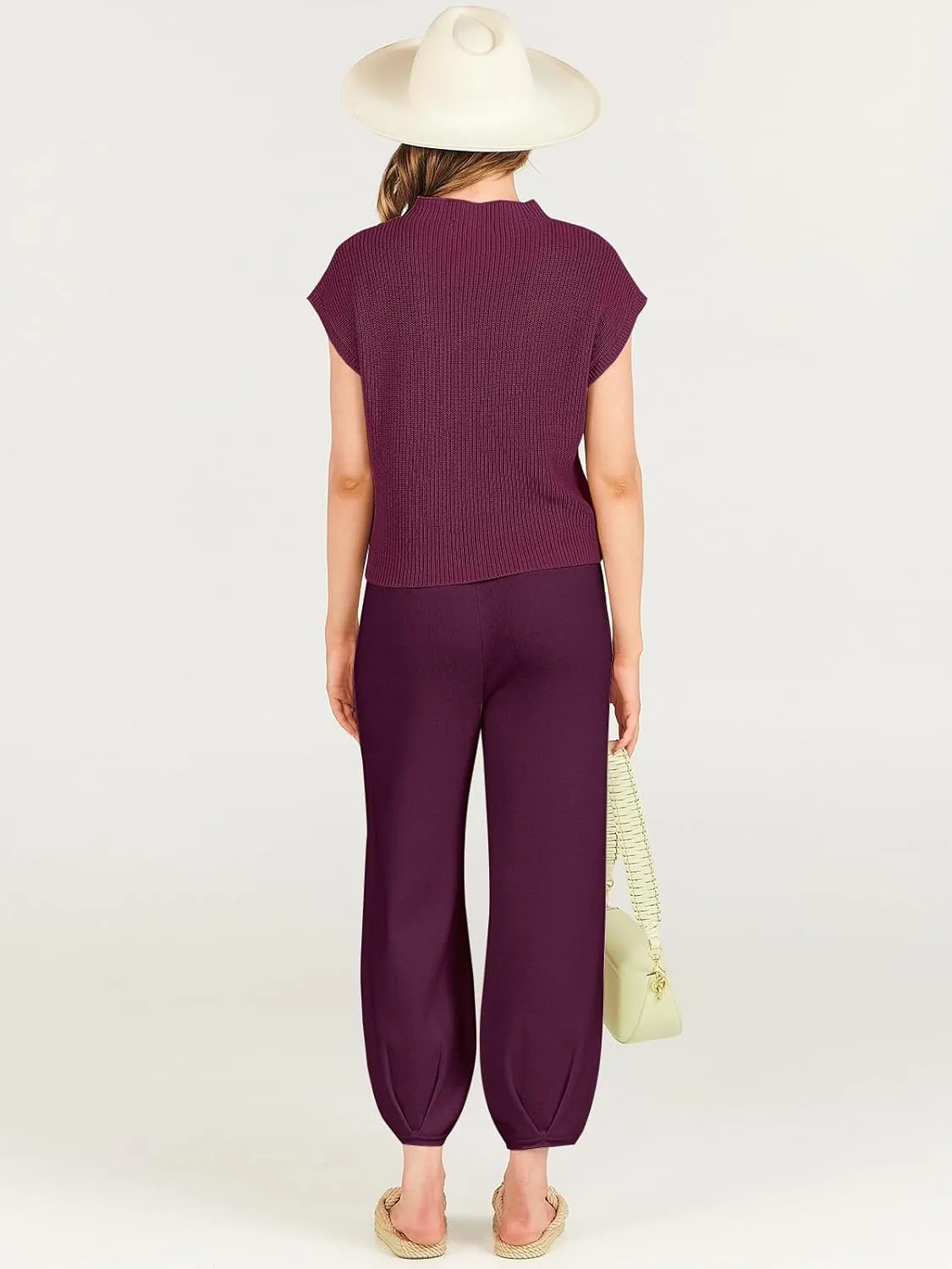 ANRABESS Women's Two Piece Outfits Knit Sweater Vest Crop Top Pants Lounge Matching Tracksuit Sweatsuit Travel Clothes Sets