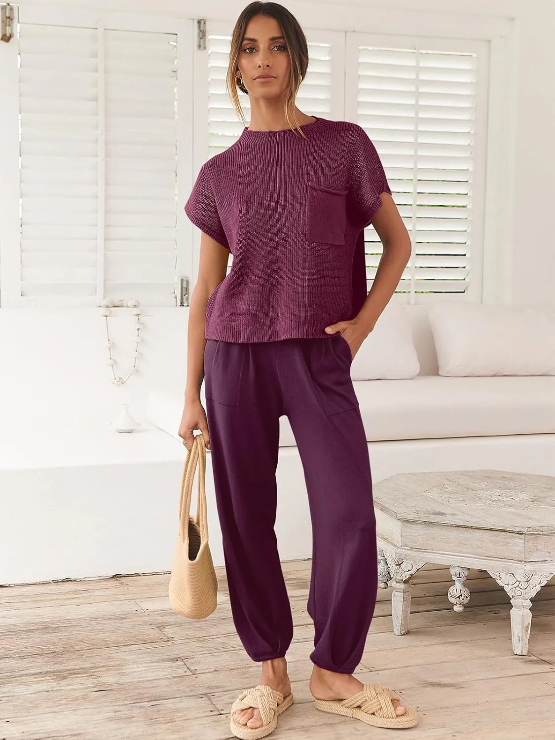 ANRABESS Women's Two Piece Outfits Knit Sweater Vest Crop Top Pants Lounge Matching Tracksuit Sweatsuit Travel Clothes Sets