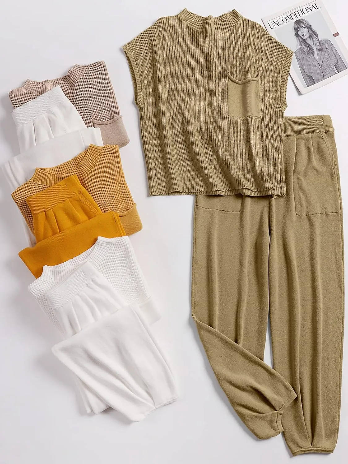 ANRABESS Women's Two Piece Outfits Knit Sweater Vest Crop Top Pants Lounge Matching Tracksuit Sweatsuit Travel Clothes Sets