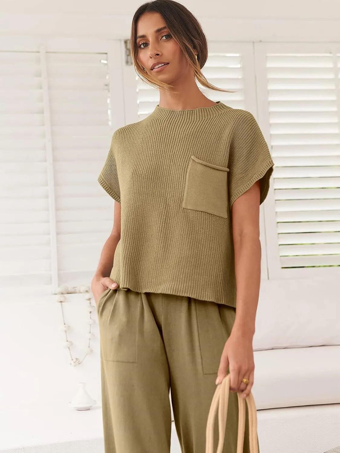 ANRABESS Women's Two Piece Outfits Knit Sweater Vest Crop Top Pants Lounge Matching Tracksuit Sweatsuit Travel Clothes Sets