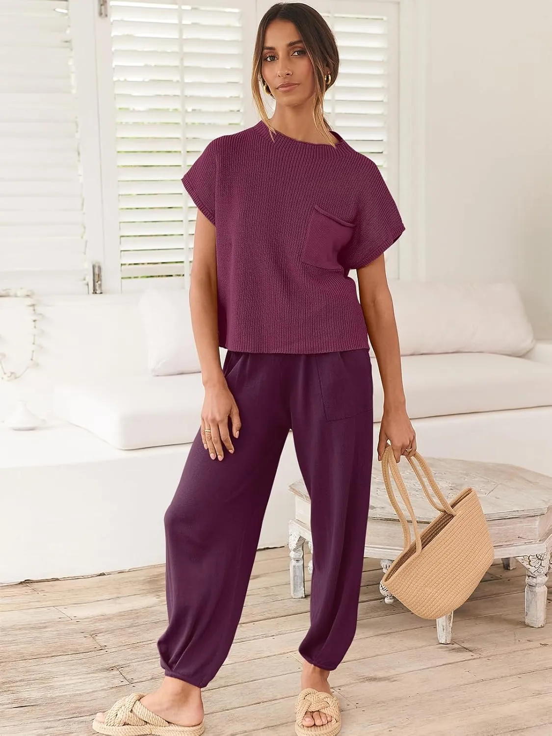ANRABESS Women's Two Piece Outfits Knit Sweater Vest Crop Top Pants Lounge Matching Tracksuit Sweatsuit Travel Clothes Sets