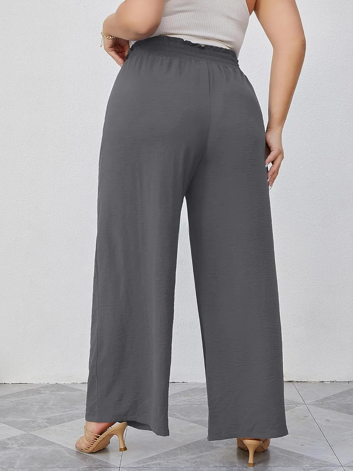 AusLook Women's Plus Size Wide Leg Lounge Pants with Pockets High Waisted Palazzo Adjustable Tie Knot Trousers