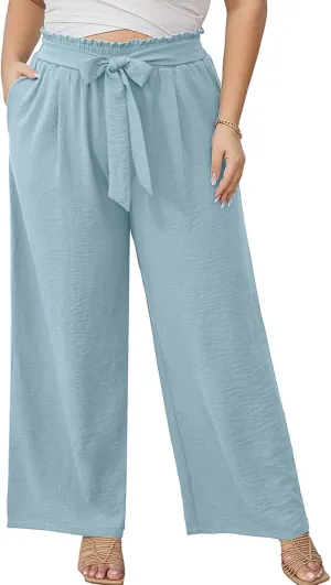 AusLook Women's Plus Size Wide Leg Lounge Pants with Pockets High Waisted Palazzo Adjustable Tie Knot Trousers