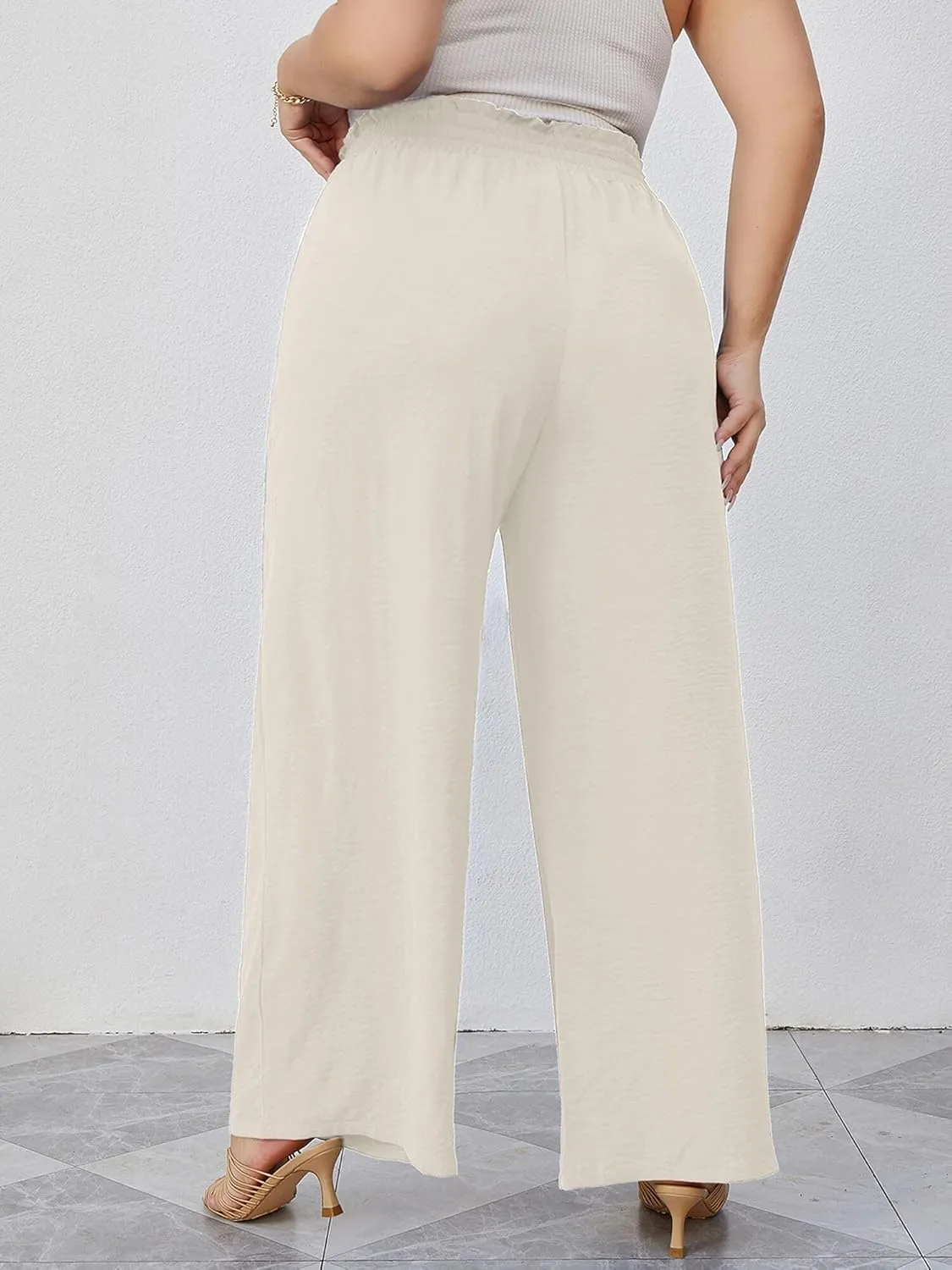 AusLook Women's Plus Size Wide Leg Lounge Pants with Pockets High Waisted Palazzo Adjustable Tie Knot Trousers