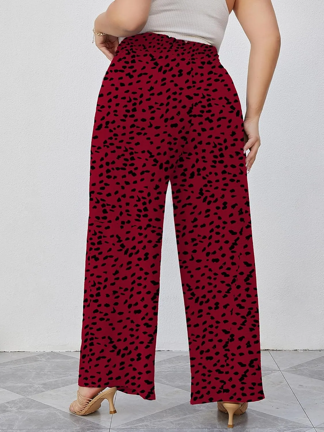 AusLook Women's Plus Size Wide Leg Lounge Pants with Pockets High Waisted Palazzo Adjustable Tie Knot Trousers