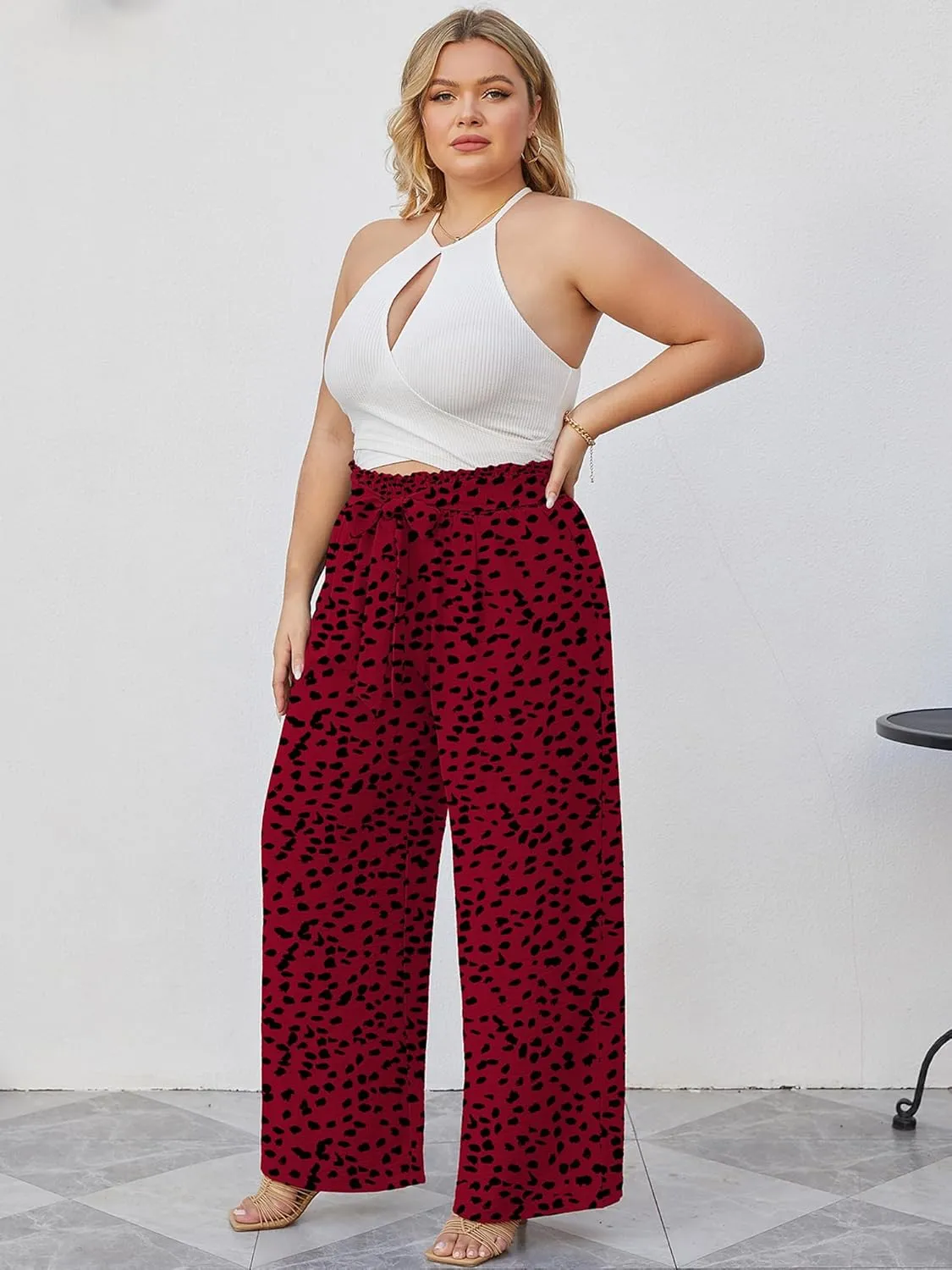 AusLook Women's Plus Size Wide Leg Lounge Pants with Pockets High Waisted Palazzo Adjustable Tie Knot Trousers