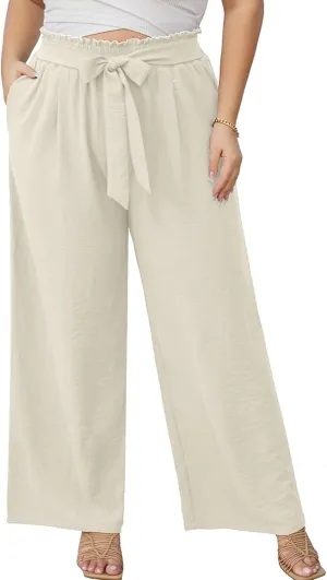 AusLook Women's Plus Size Wide Leg Lounge Pants with Pockets High Waisted Palazzo Adjustable Tie Knot Trousers
