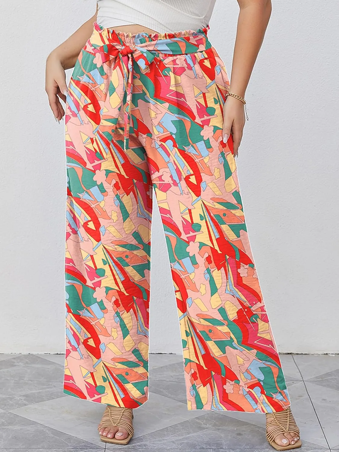 AusLook Women's Plus Size Wide Leg Lounge Pants with Pockets High Waisted Palazzo Adjustable Tie Knot Trousers