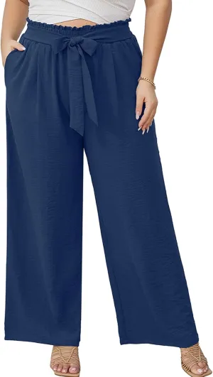 AusLook Women's Plus Size Wide Leg Lounge Pants with Pockets High Waisted Palazzo Adjustable Tie Knot Trousers