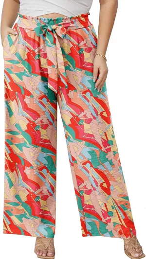 AusLook Women's Plus Size Wide Leg Lounge Pants with Pockets High Waisted Palazzo Adjustable Tie Knot Trousers