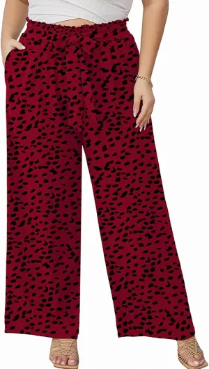 AusLook Women's Plus Size Wide Leg Lounge Pants with Pockets High Waisted Palazzo Adjustable Tie Knot Trousers
