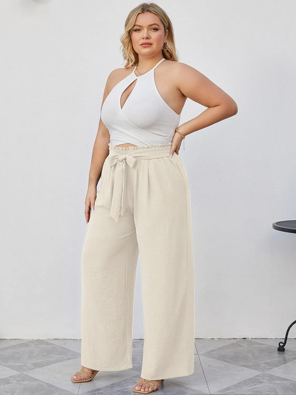 AusLook Women's Plus Size Wide Leg Lounge Pants with Pockets High Waisted Palazzo Adjustable Tie Knot Trousers