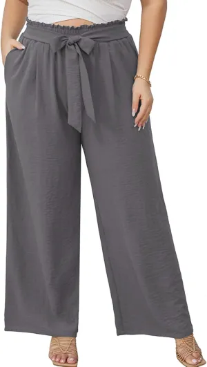 AusLook Women's Plus Size Wide Leg Lounge Pants with Pockets High Waisted Palazzo Adjustable Tie Knot Trousers